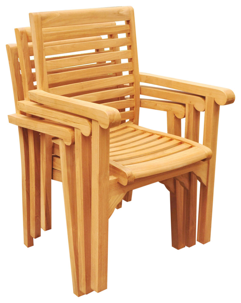 Hari Stacking Arm Chairs  Teak Outdoor Dining Patio  Set of 2   Transitional   Outdoor Dining Chairs   by Teak Deals  Houzz