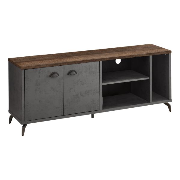 Tv Stand， 60 Inch， Console， Media Entertainment Center， Storage Cabinet， Living Room， Bedroom， Brown And Grey Laminate， Grey Metal， Contemporary， Modern