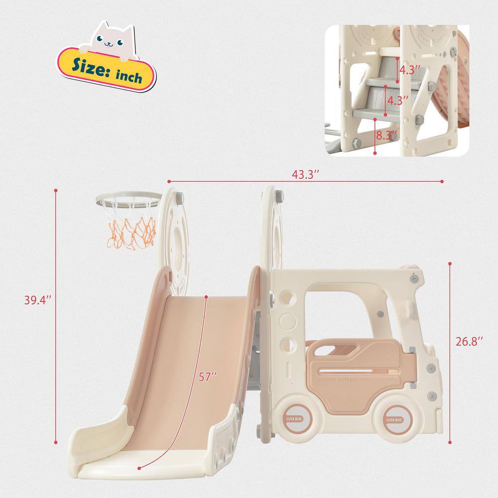 4-In-1 Beige 4.4 ft. Slide for Kids Toddler Climber Bus Slide Set with Basketball Hoop LN20232401