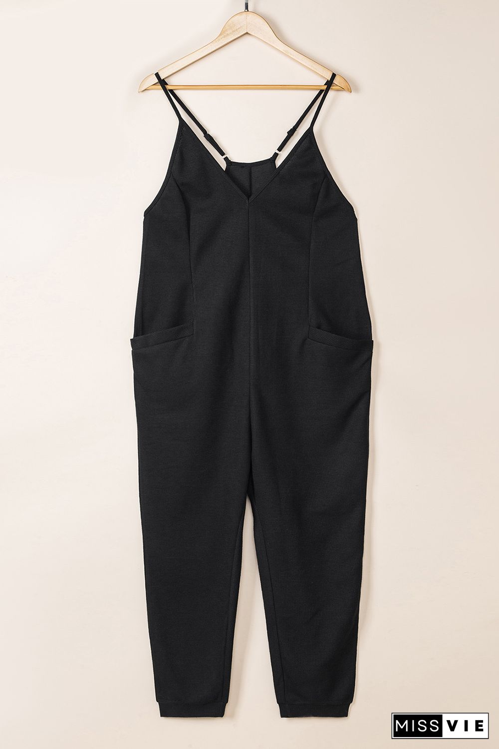 Black Textured Sleeveless V-Neck Pocketed Casual Jumpsuit