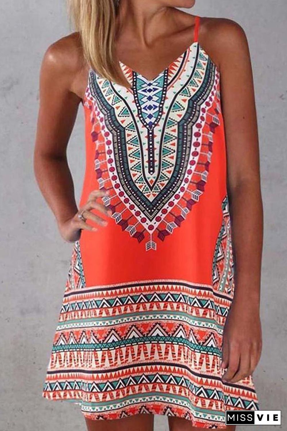 Tribal Print Spaghetti Strap Casual Wear Midi Dress