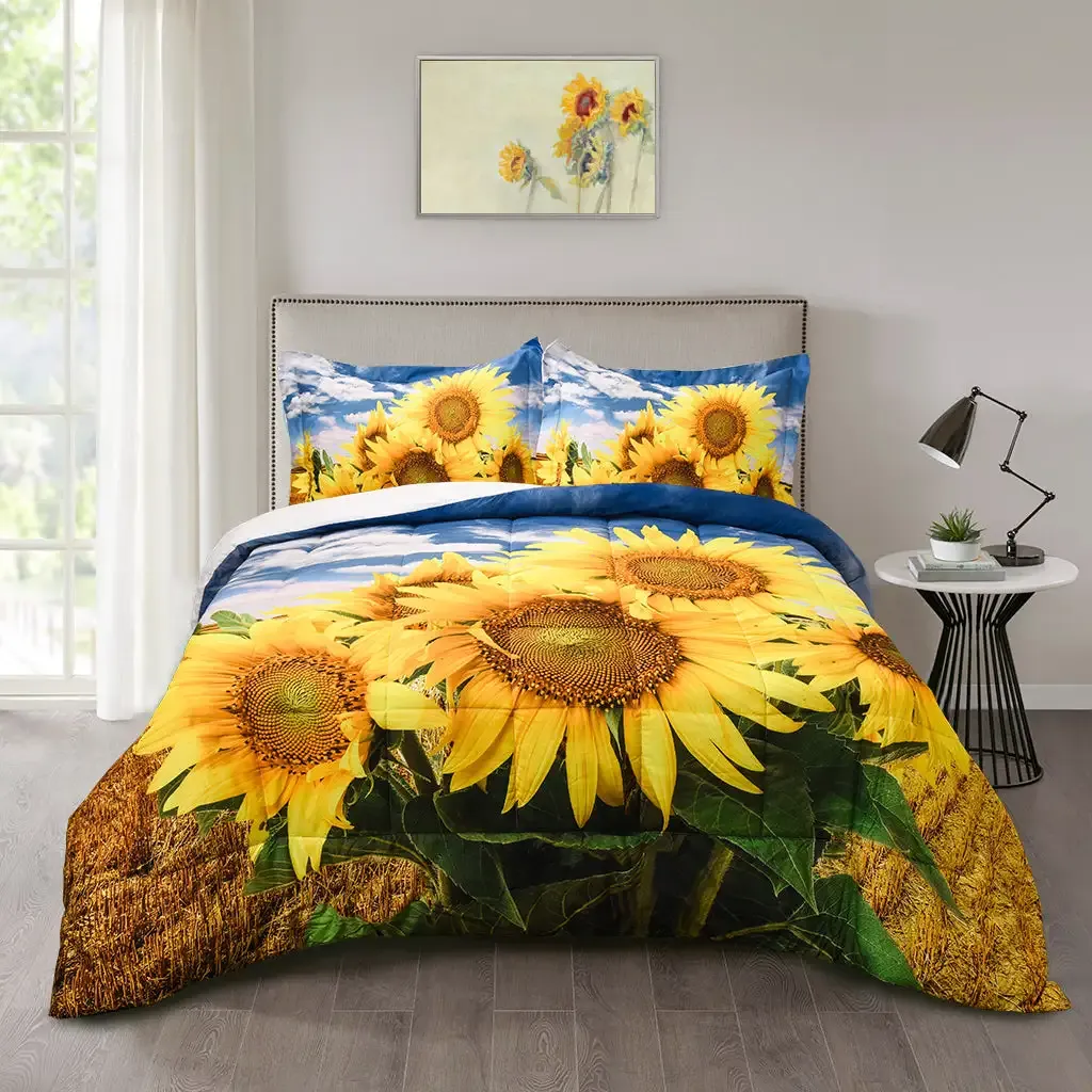 3D Print Sunflower Box Stitched Lightweight All Season Comforter Set