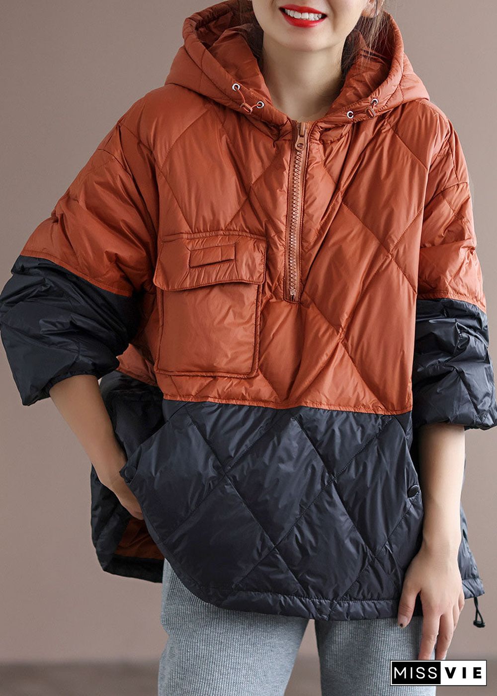 Boho Orange Patchwork Black hooded Loose Winter Down coat