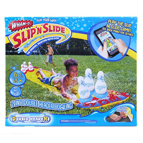 Wham-O Slip 'N Slide 2-1 Double Header Bowling | Pins Included | Water Sprinkler System | Double Splash Zone | 15ft Long