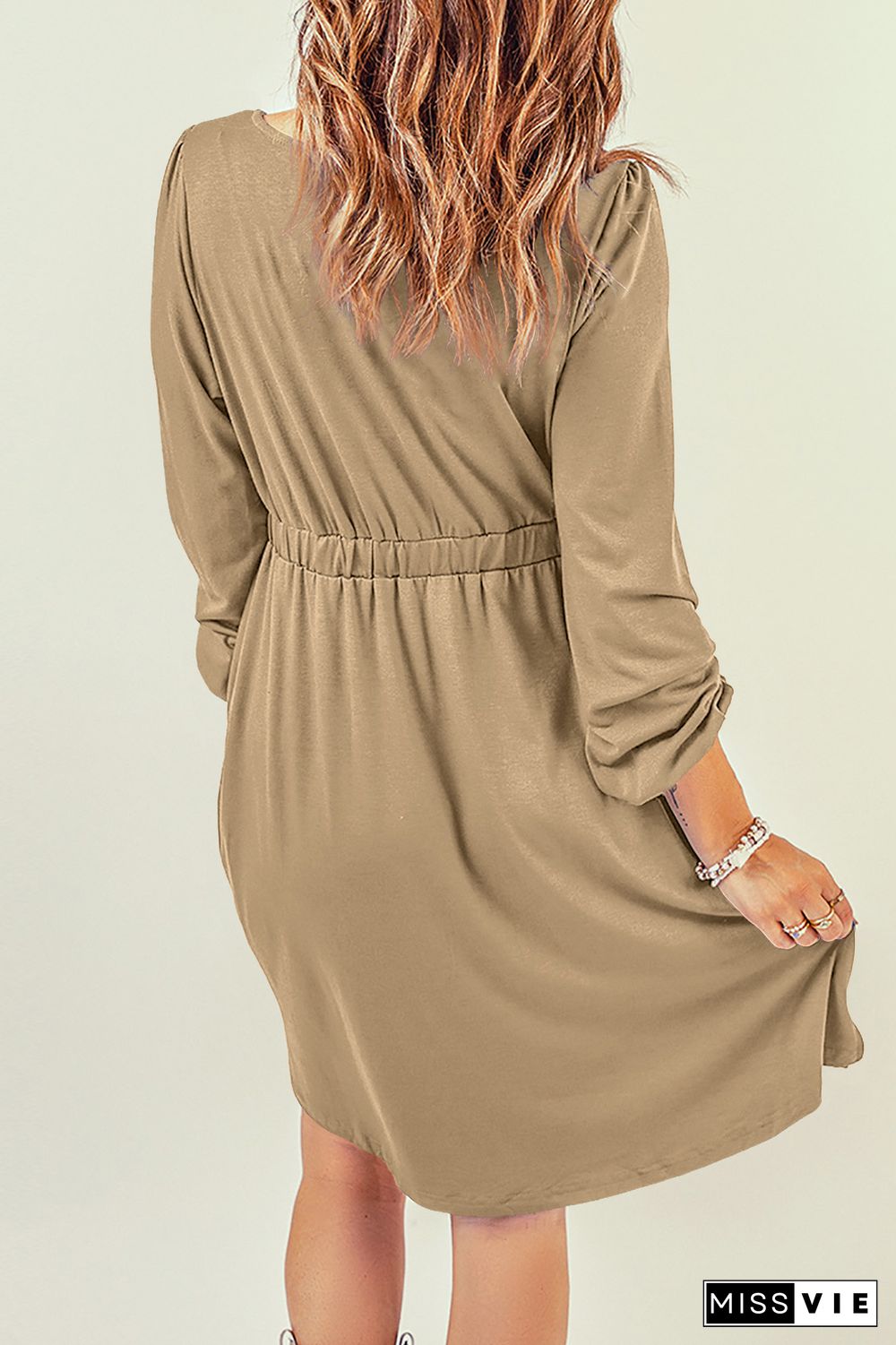 Khaki Button Up High Waist Long Sleeve Dress