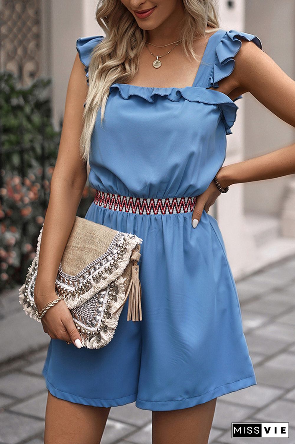 Blue Ruffles Smocked Waist Cami Romper