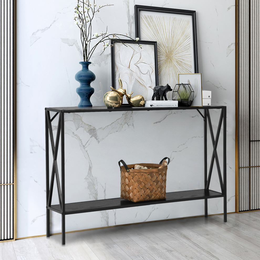 Costway 2 Tier Console Table Accent Side Entryway Table Metal Frame Black   Industrial   Console Tables   by Homesquare  Houzz