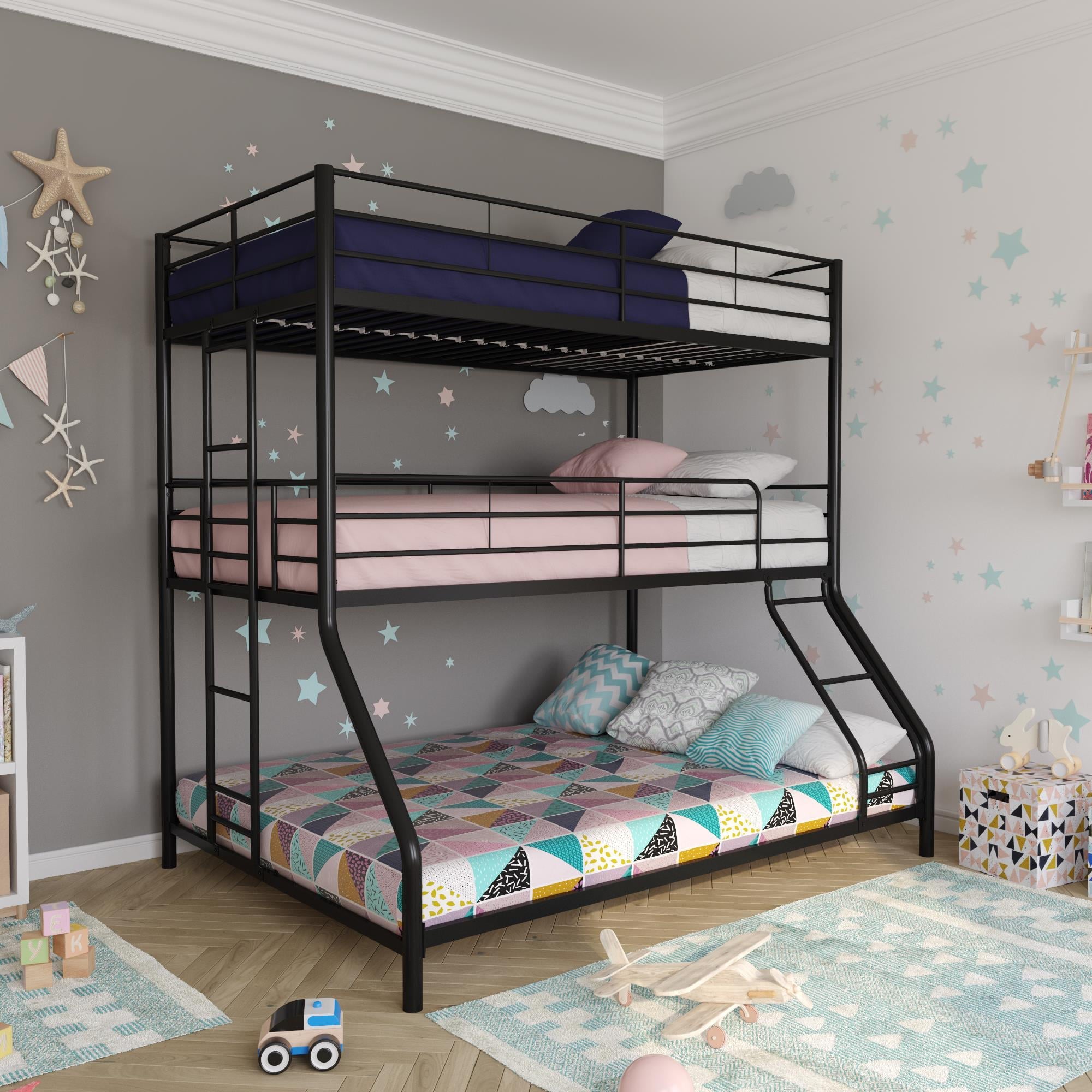 DHP Everleigh Triple Metal Bunk Bed, Twin/Twin/Full, Bed for Kids, Black