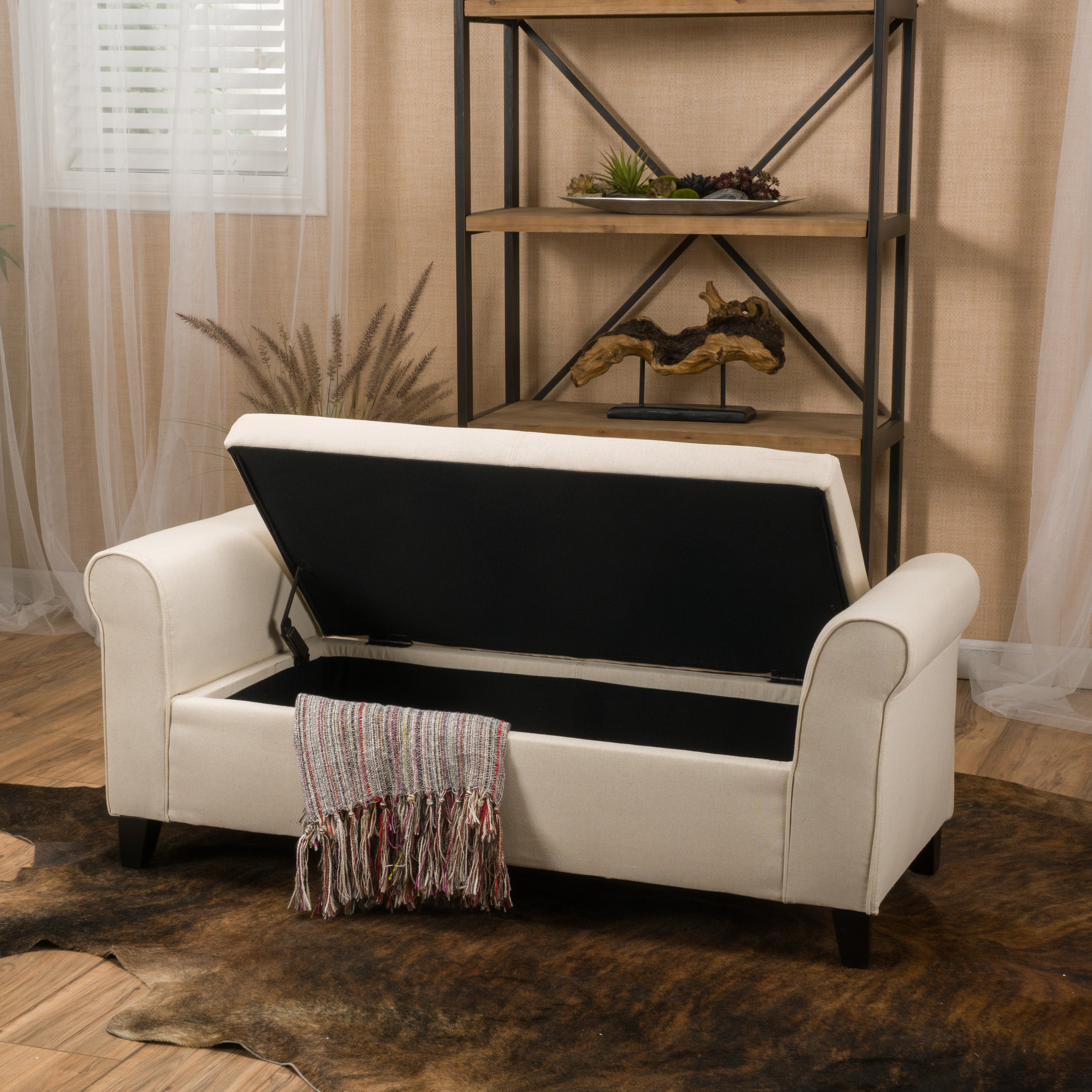 Danbury Contemporary Fabric Upholstered Storage Ottoman Bench with Rolled Arms