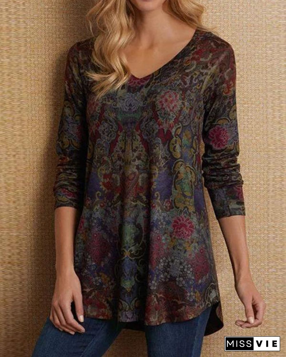 Women Long Sleeve Boho V Neck Plus Size Tops Blouses