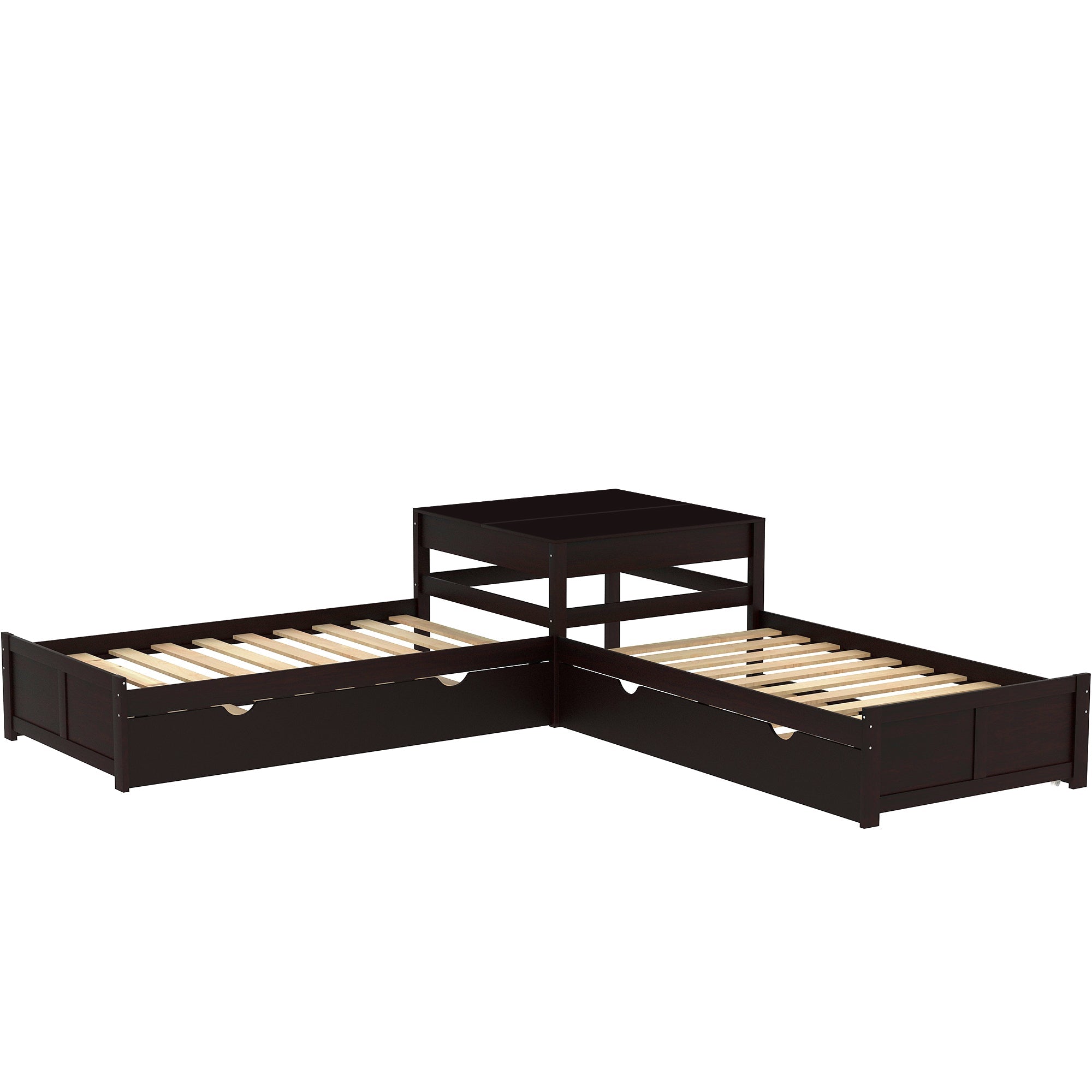 Euroco Twin L-Shaped Platform Bed with Square Table for Kids Bedroom, Espresso