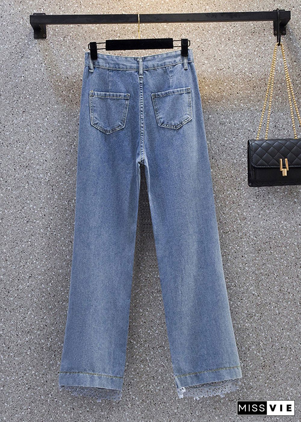 Beautiful Blue Lace Patchwork High Waist Wide Leg Jeans Summer