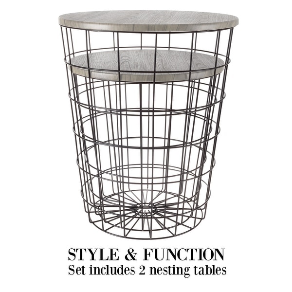 Nesting End Table with Storage - Set of 2 Convertible Round Metal Storage Basket Base with Veneer Top Accent Side Table (Gray)