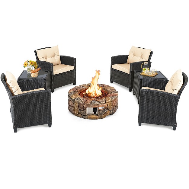 Costway 7pcs Patio Rattan Wicker Furniture Set Gas Fire Pit Table Sofa Cushion