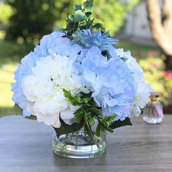 Enova Home Artificial Mixed Silk Peony and Hydrangea Fake Flowers Arrangement in Clear Glass Vase for Home Decor (Cream Blue)