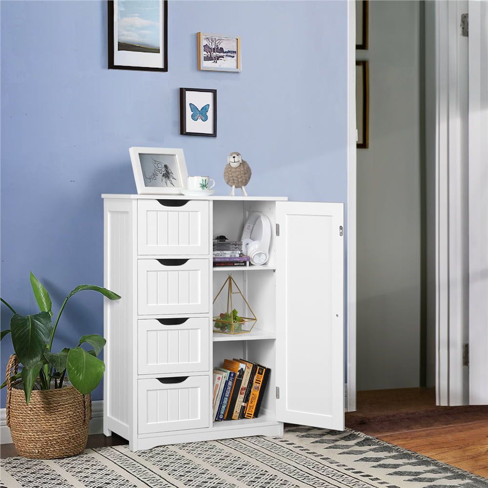 Wooden Bathroom Floor Cabinet Free Standing Storage Organizer White