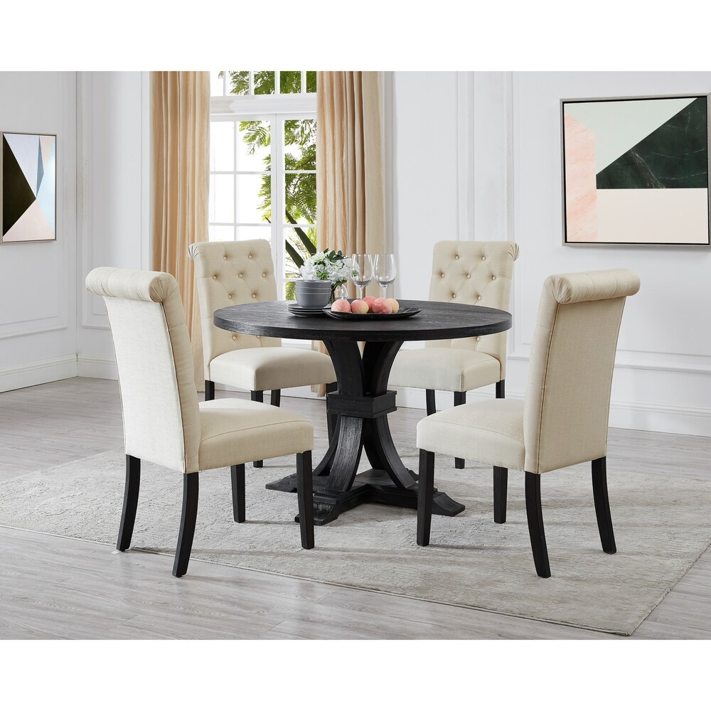 Roundhill Furniture Siena Distressed Black Finish 5 Piece Dining set  Pedestal Round Table with 4 Chairs