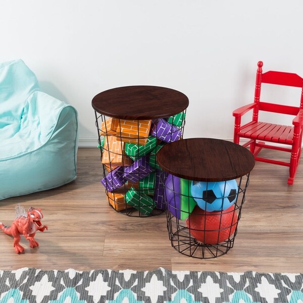 Nesting End Tables with Storage - Set of 2 Convertible Round Metal Storage Basket Base with Veneer Top (Cherry)