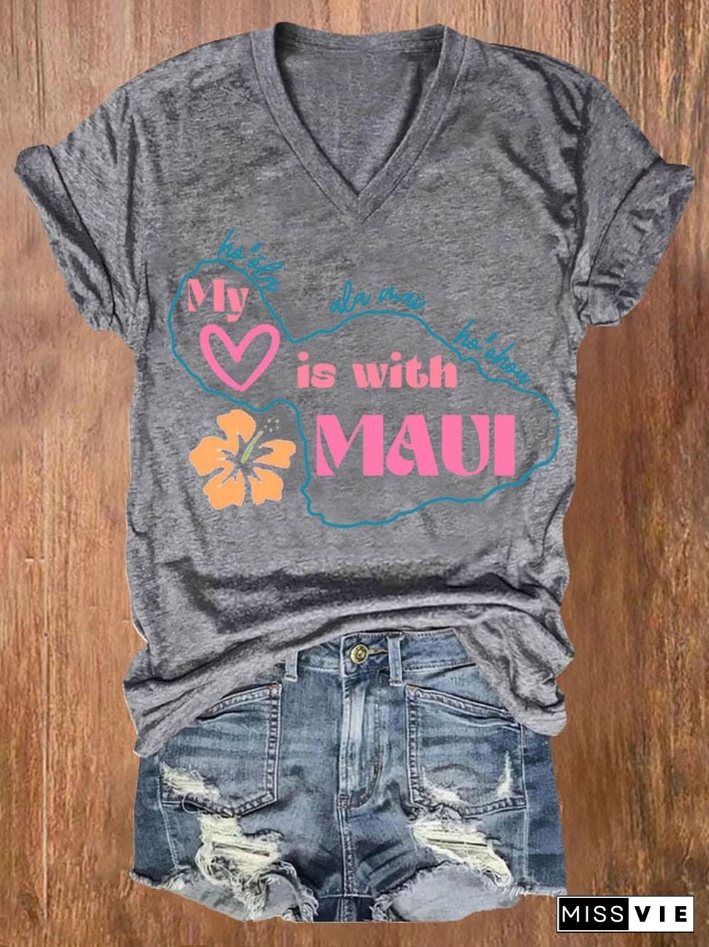 Women's Maui Strong My Heart Is With Maui Print Short Sleeve T-Shirt