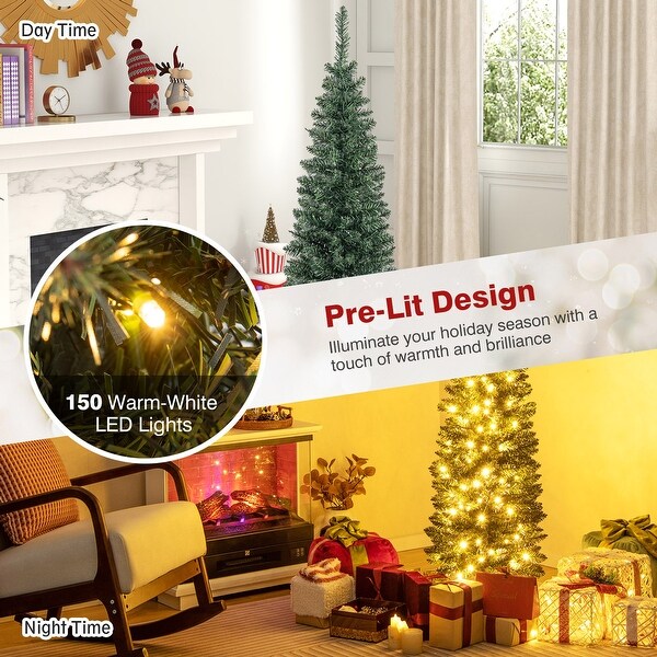 Gymax 5/6/7/8/9 ft PreLit Artificial Christmas Tree Slim Pencil Xmas