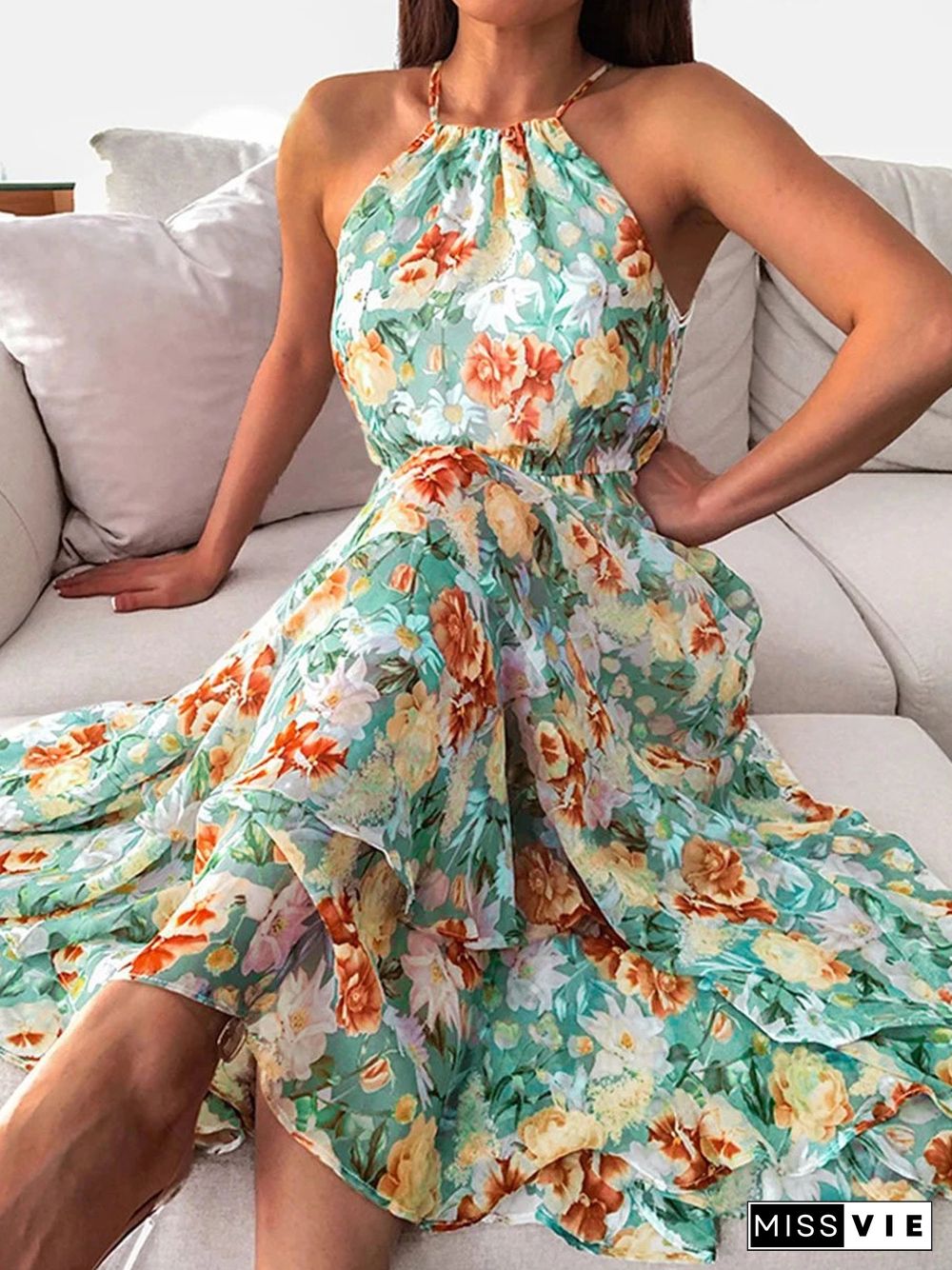 Summer Halterneck Flower Print Maxi Dress P15700