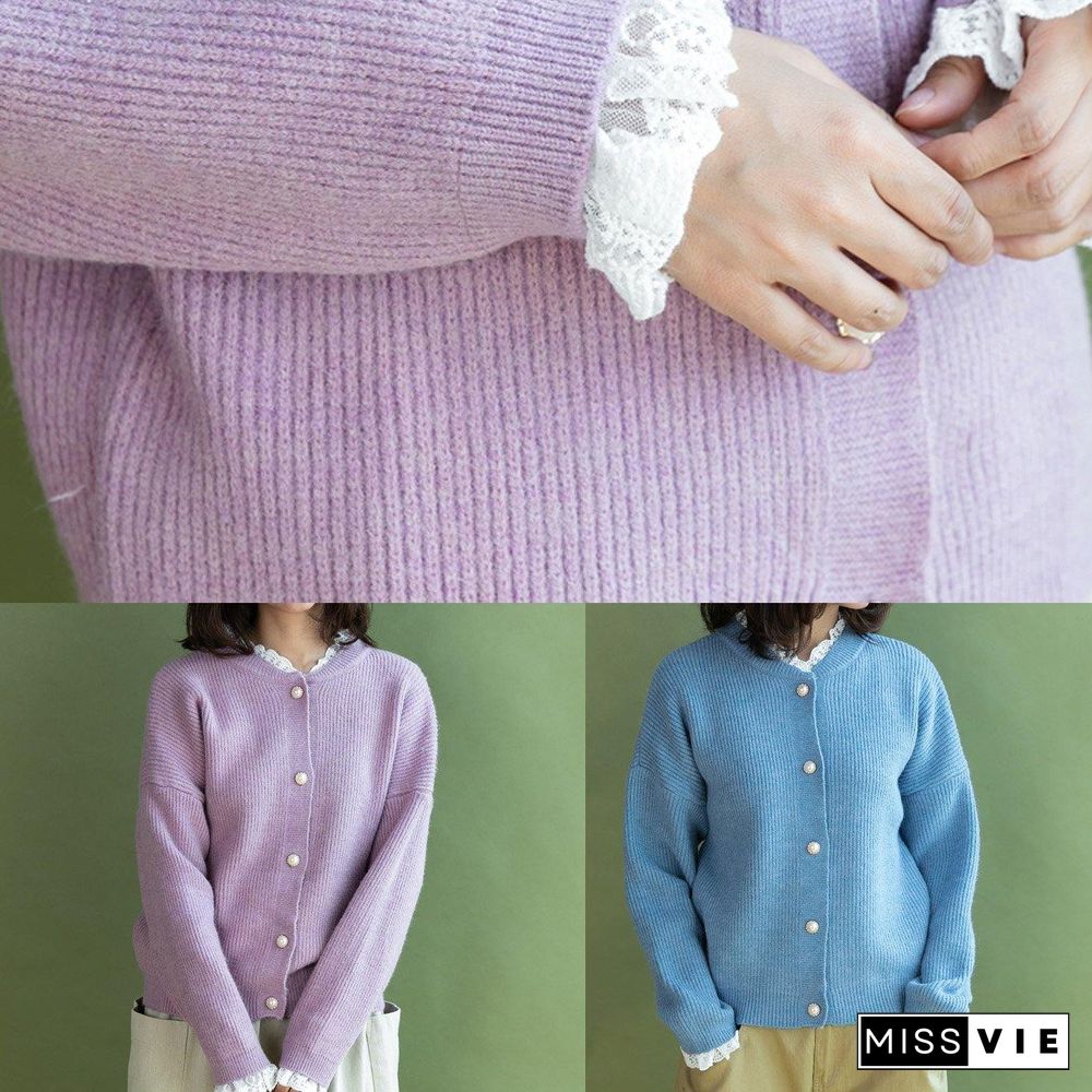 Chunky light blue sweater coat fall fashion ruffles collar sweaters