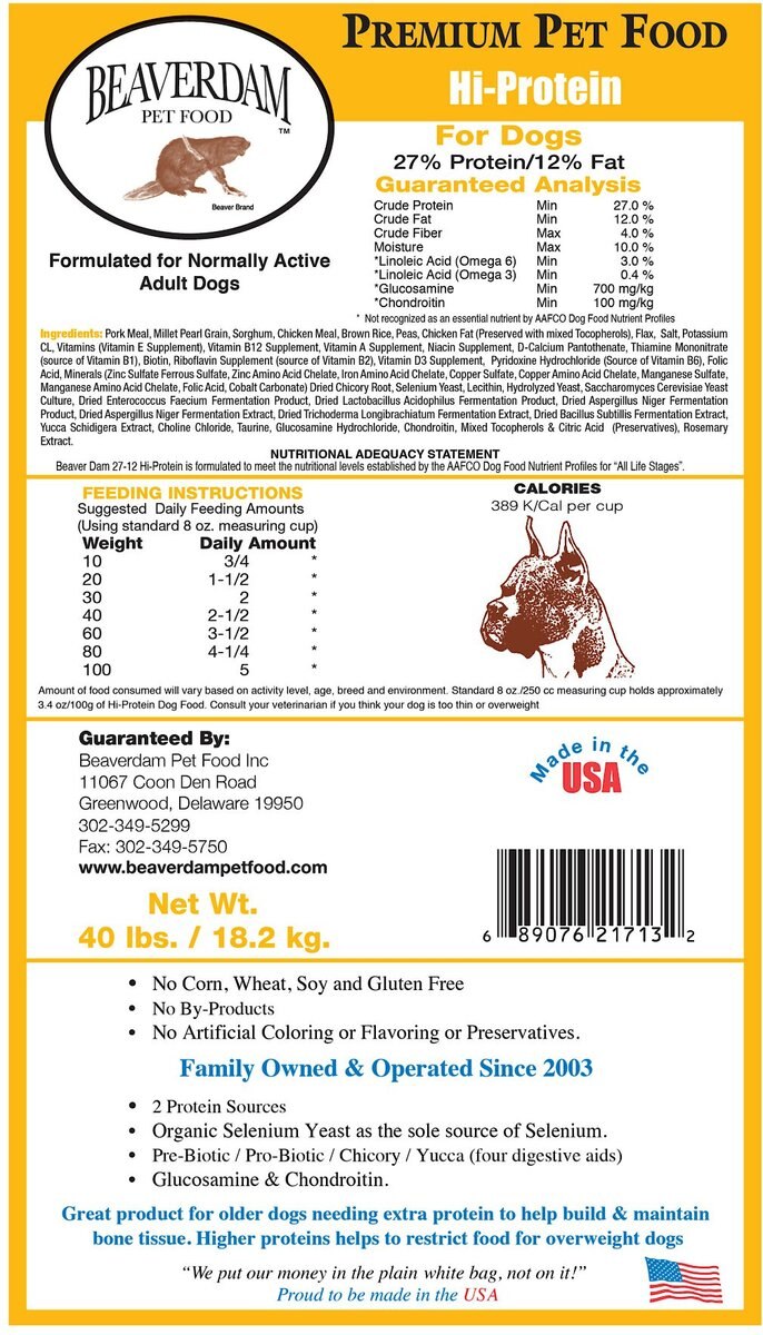 Beaverdam Pet Food Hi-Protein 27/12 Dry Dog Food