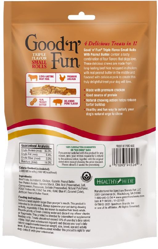 Good 'n' Fun Triple Flavor Peanut Butter Small Rolls Dog Rawhide Treat， 4.2-oz bag， 4 count