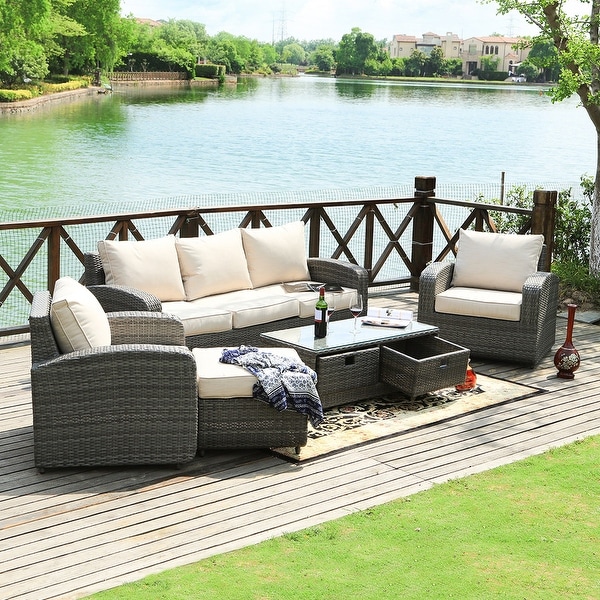 5piece Wicker Patio Chat Set with Drawer Table by None