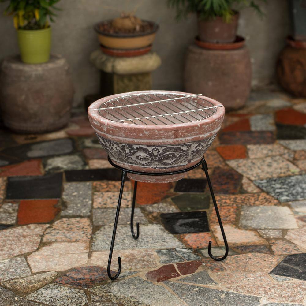 Vintiquewise Indoor and Outdoor Small Red and Grey Grill Clay Fire Pit and Accent Design and Metal Stand QI004353