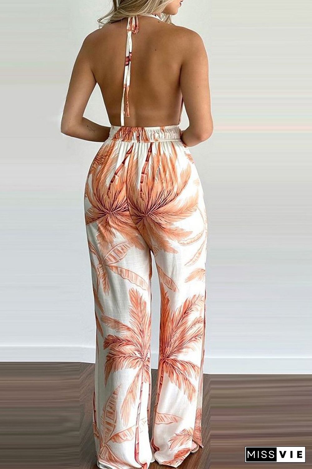 Halter Neck Plant Print Open Back Jumpsuit