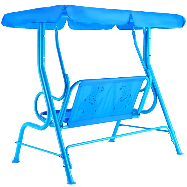 Costway Kids Patio Swing Chair Children Porch Bench Canopy 2 Person Yard Furniture Blue