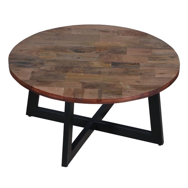 31 Inch Round Mango Wood Farmhouse Coffee Table， X Shape Iron Frame， Brown， Black