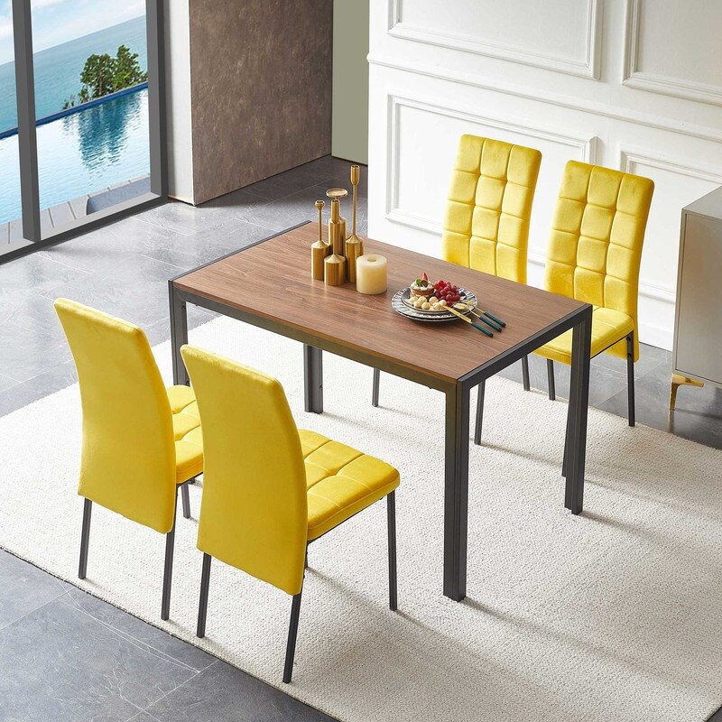 Modern 5 Piece Dining Table Set for 4 Solid Wood Table with Velvet High Back Dining Chair