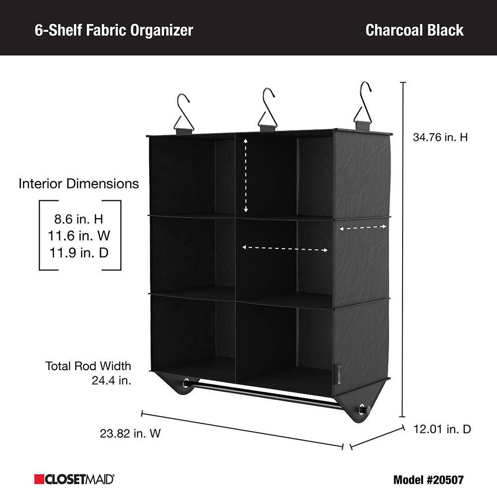 ClosetMaid 34.76 in. H Charcoal Black Fabric Hanging Closet Organizer with 6 Shelves 20507