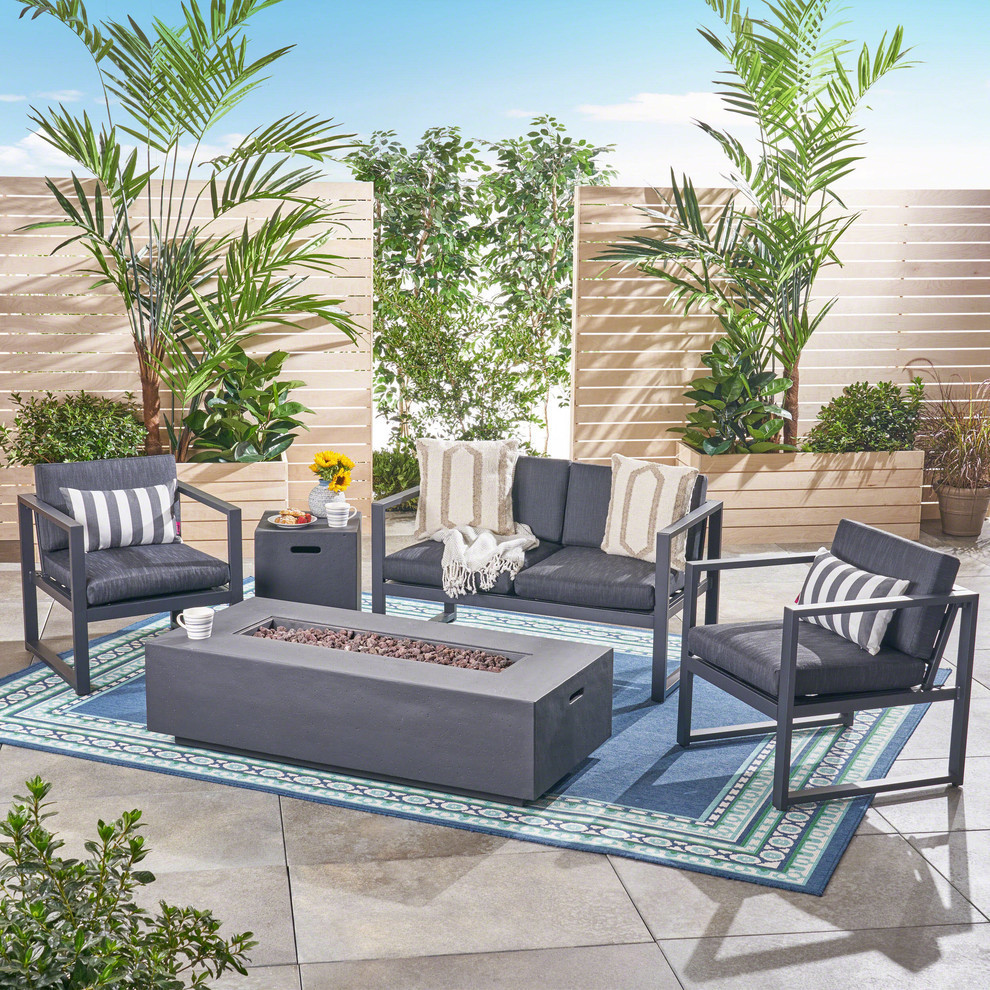 GDF Studio Gill Outdoor Aluminum Chat Set  Fire Pit   Transitional   Outdoor Lounge Sets   by GDFStudio  Houzz