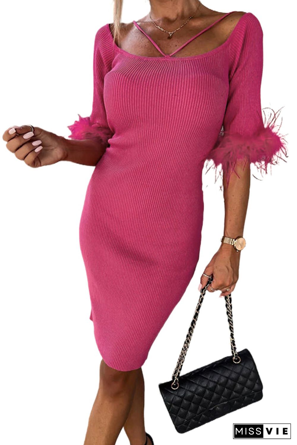 Rose Ribbed Off Shoulder Feather Cuff Bodycon Dress