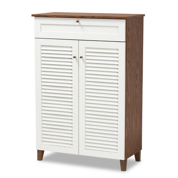 Coolidge 5 Shelf Wood Shoe Cabinet With Drawer White walnut Baxton Studio