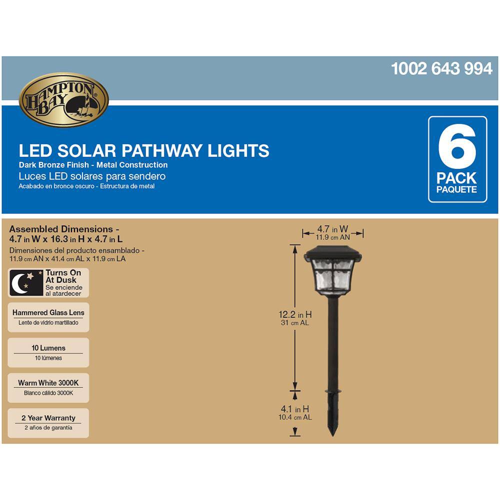 Hampton Bay Grant Solar 10 Lumens Dark Bronze Outdoor Integrated LED 3000K Warm White Landscape Path Light (6-Pack) 84101