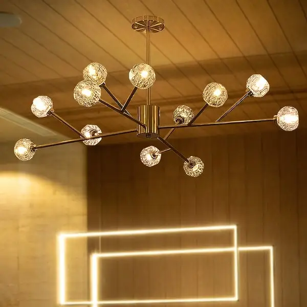 Retro Brass Sputnik Crystal Ball Shade Branches Chandeliers Hanging Pendant Ceiling Light Polished Gold