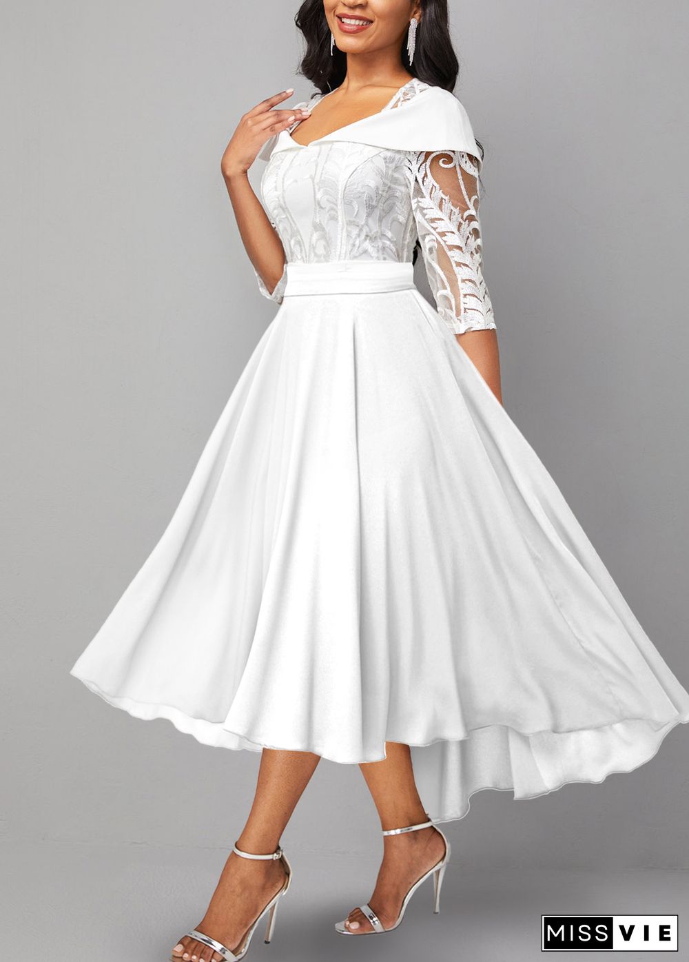 Lace Patchwork X Shape White Midi Dress