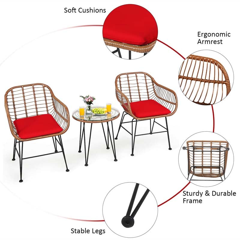 3 Pcs Patio Conversation Bistro Set Outdoor Rattan Furniture Set with Round Table & 2 Rattan Cushioned Armchairs