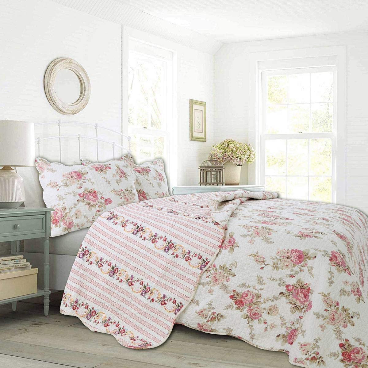 Cozy Line Shabby Chic Spring Rose 100% Cotton 3-Piece Quilt Set， Queen Set