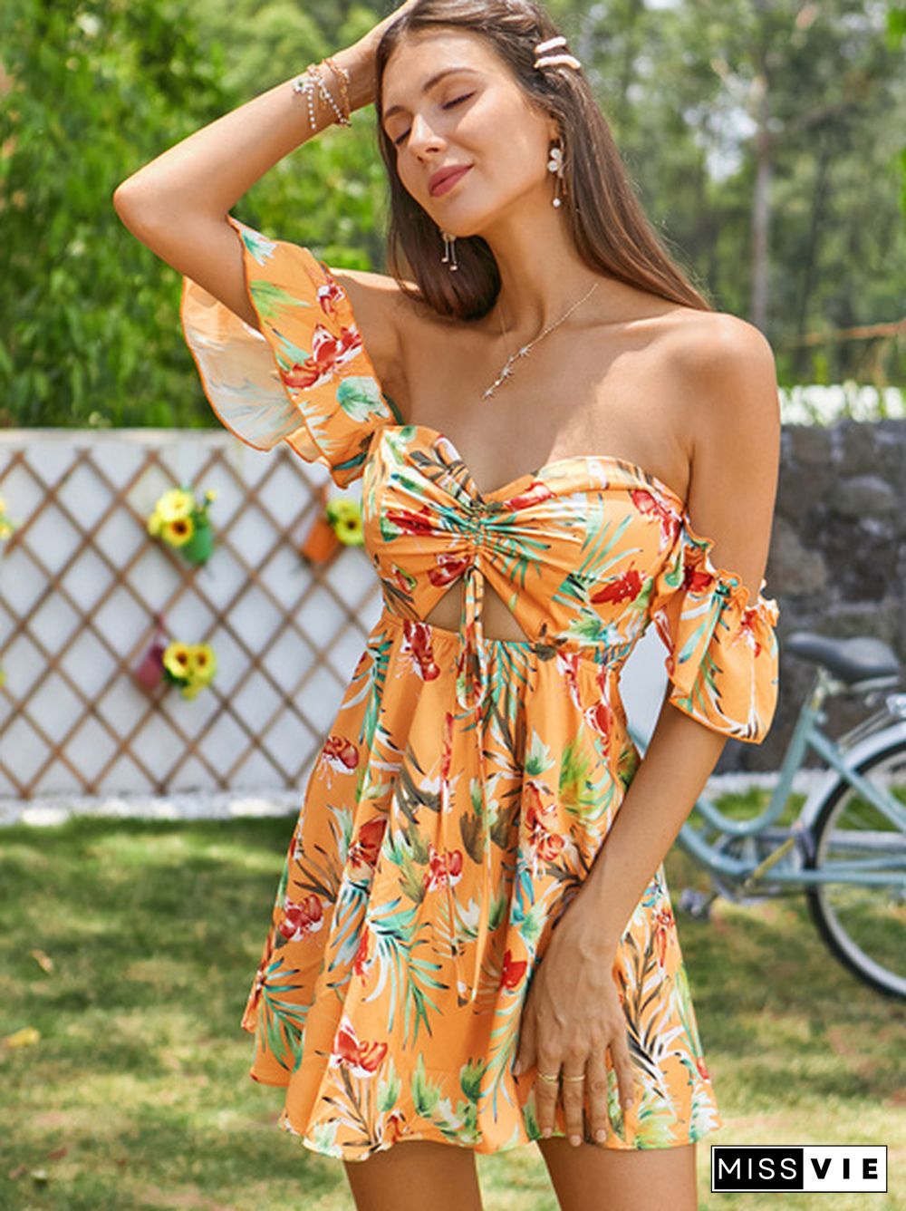 Tropical Floral Print Drawstring Peekaboo Bardot Beach Hot Dress