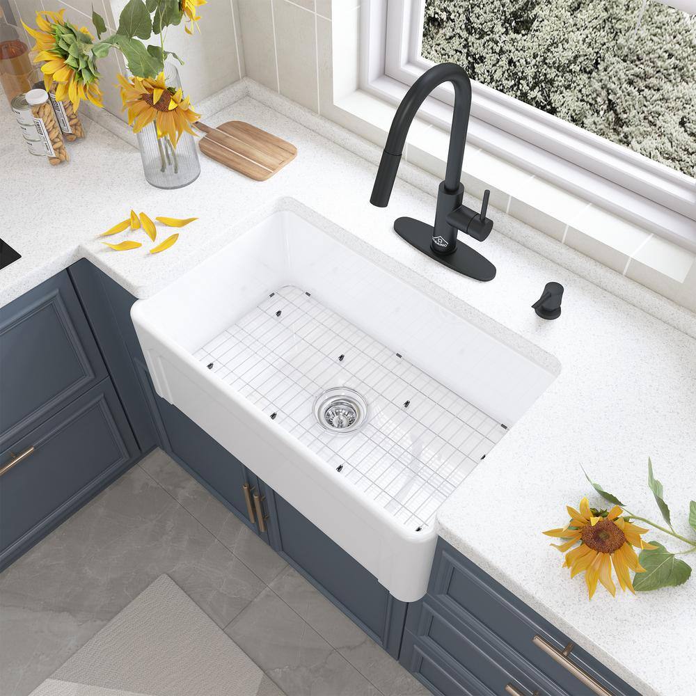 CASAINC Fireclay 30 in. Single Bowl Frame Design Reversible Installation Farmhouse Apron Kitchen Sink with Kitchen Faucet Kit KCSL0023-FW30MB