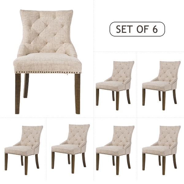 Dining Chair with Armrest，Nailhead Trim and Diamond Shaped Back Tufting Linen Upholstery Set of 6 (Beige)