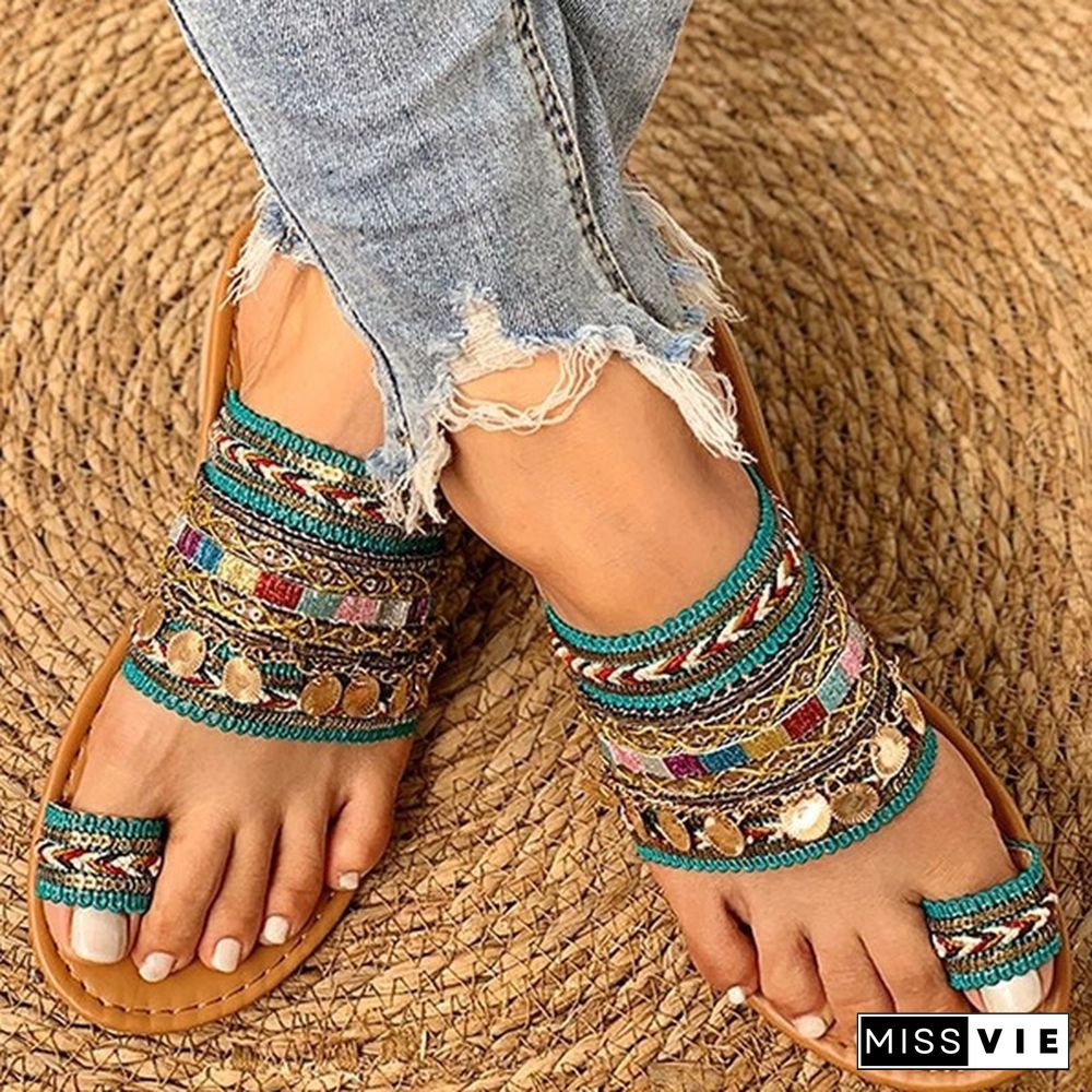 Women Fashion Summer Slipper Ethnic Boho Style Toe Ring Sandals