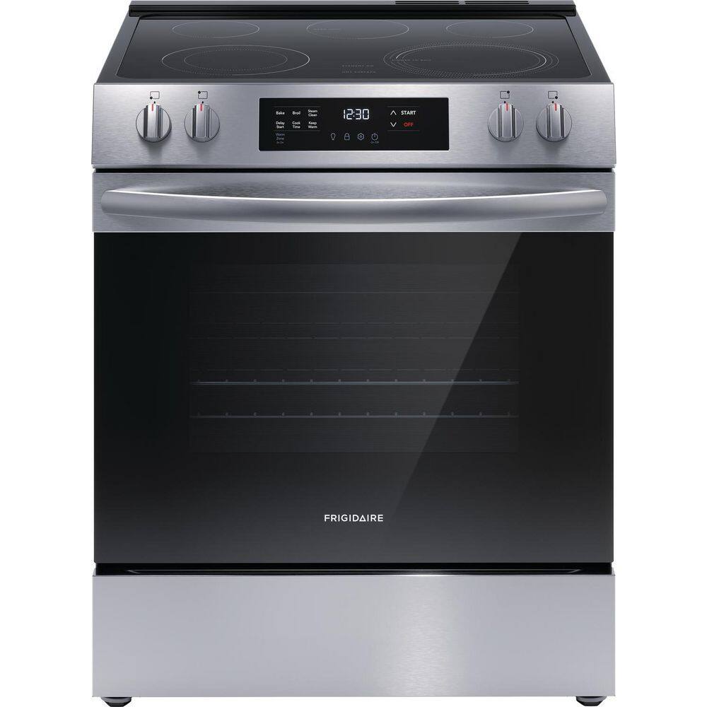 Frigidaire 30 in. 5-Element Slide-In Front Control Electric Range with Steam Clean in Stainless Steel FCFE3062AS