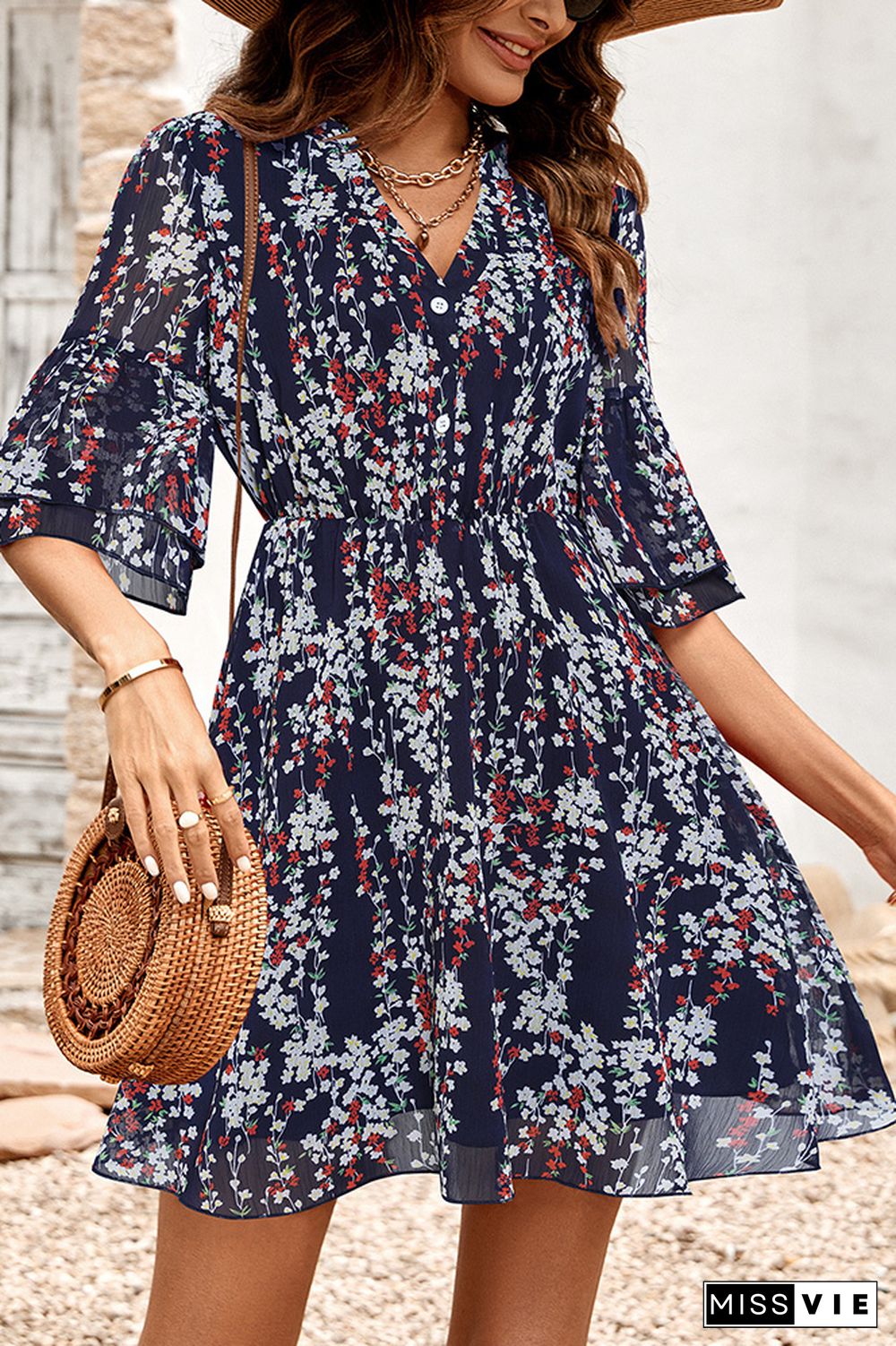 V Neck Buttoned Down High Waist Floral Dress