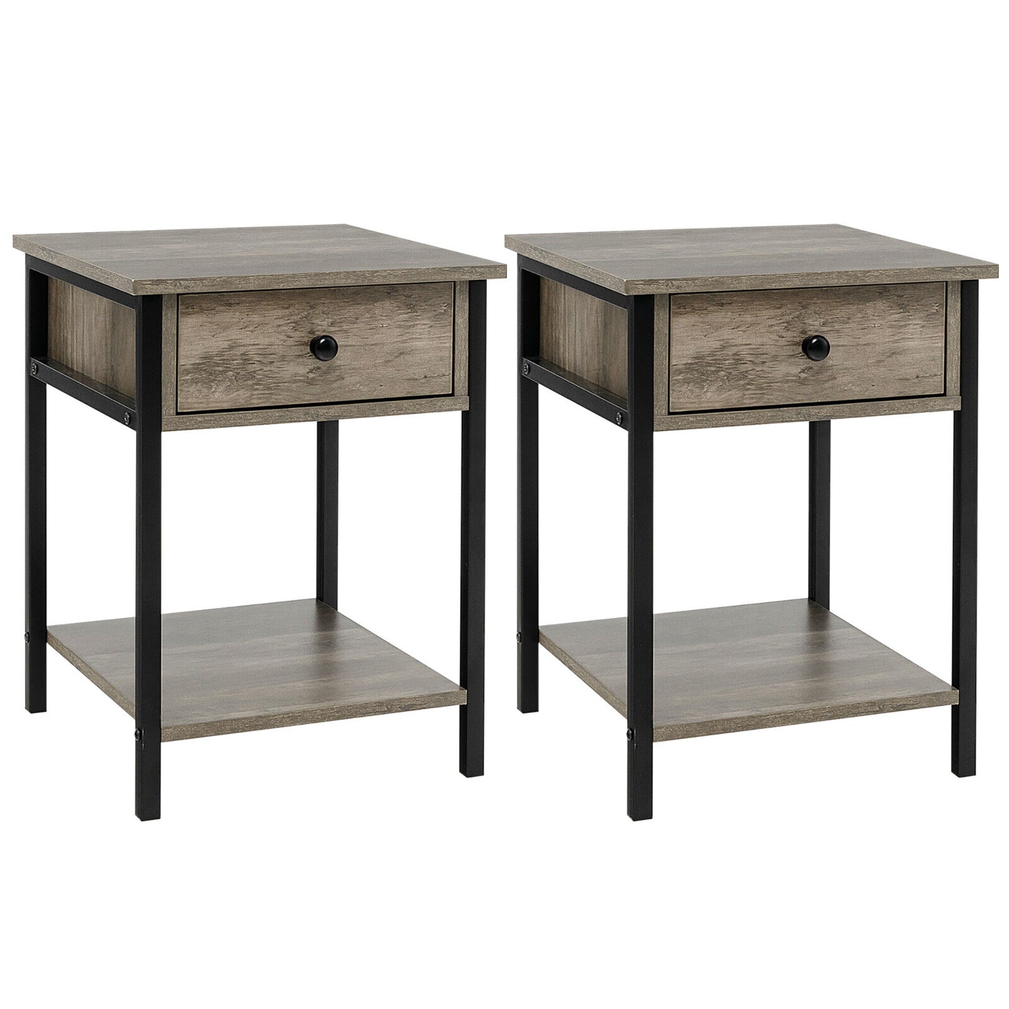 Gymax 2PCS Industrial End Side Table Nightstand with Drawer Shelf Grey